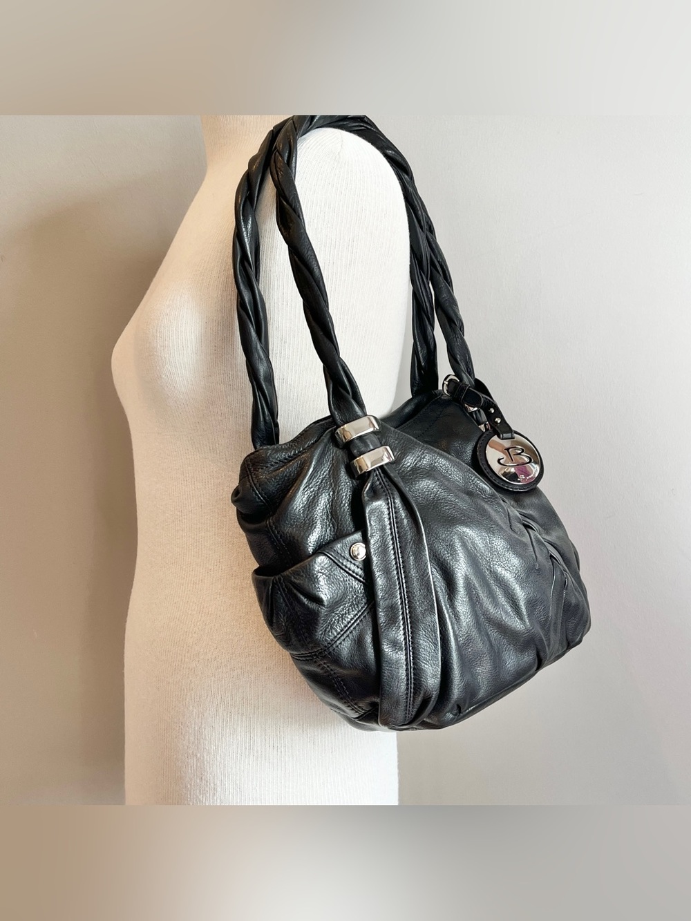 B Makowsky black leather shoulder bag Y2K soft slouchy tote braided strap animal